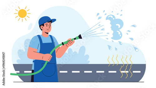 Clean Street: An illustration of an industrious figure diligently cleans a street with a water hose, his efforts creating a refreshing scene under a bright sun.
