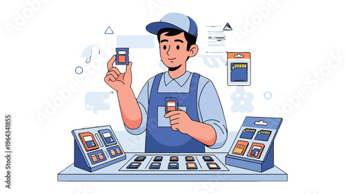 Tech Technician's Selection: A tech expert carefully examines various memory cards, showcasing his expertise and product knowledge at a modern tech store.