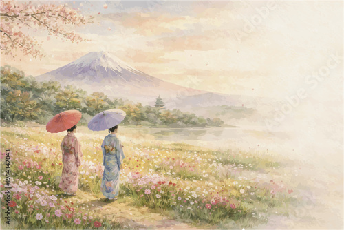 Japanese Watercolor Travel Landscape with Mount Fuji, Kimono Women and Sakura Flowers