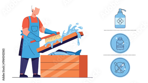 Fishmonger at Work: A fishmonger meticulously cleans a fresh fish.