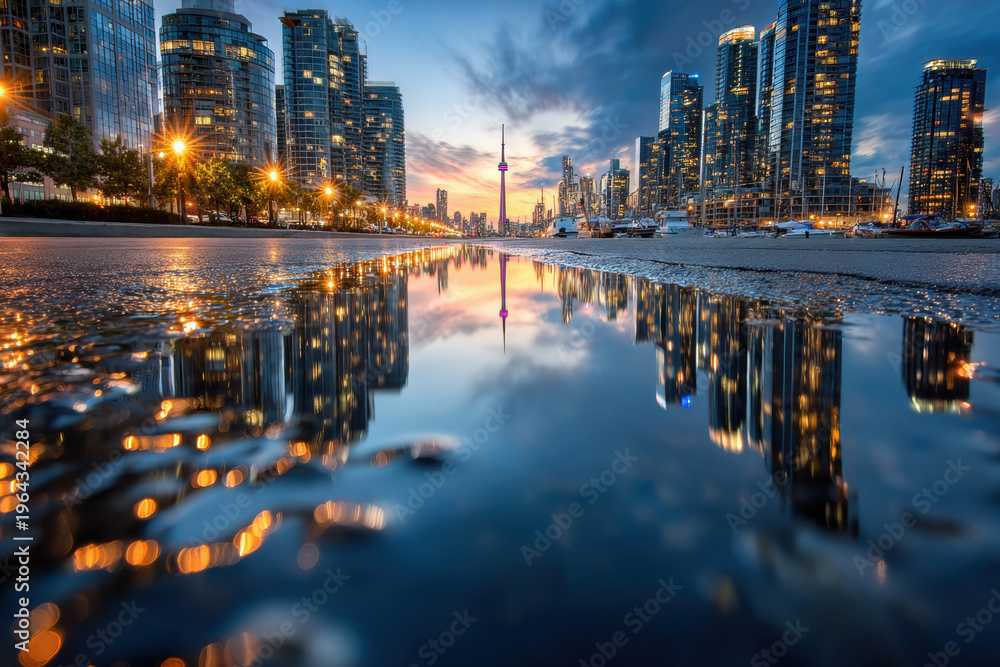 Fototapeta premium City Skyline Reflected in a Puddle at Dusk