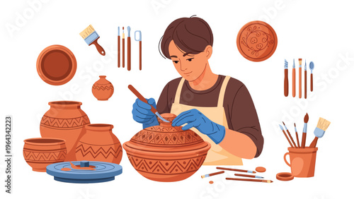 Artisan at Work: An artisan meticulously sculpts and decorates a pottery piece, showcasing skill and dedication within a pottery studio.