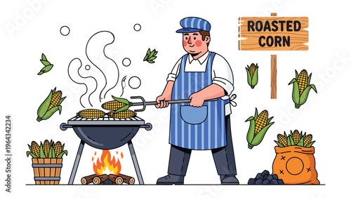 Corn Roast: An illustration captures the essence of a traditional corn roast, featuring a chef roasting corn over an open fire. He meticulously tending to the corn, a symbol of culinary skill.
