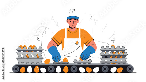 Egg Production Line: A focused worker carefully handles fresh eggs on a conveyor belt, meticulously placing them into egg cartons within a modern production facility.