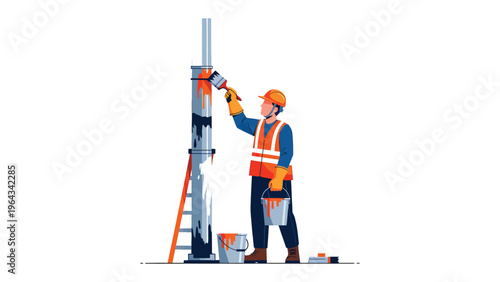 Painting the Pole: A construction worker meticulously paints a metal pole, ensuring a professional finish. the illustration showcases the diligence and precision of this essential task.