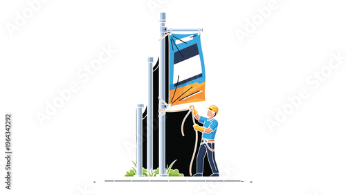 Banner Installation: A skilled worker, poised on the edge of the ground, meticulously secures a vibrant banner onto a sturdy pole, embodying precision and craftsmanship in their task.