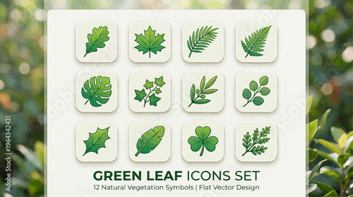 Green Leaf Icons Set: A collection of meticulously designed leaf icons, each a testament to nature's intricate beauty and the diverse forms of botanical life.