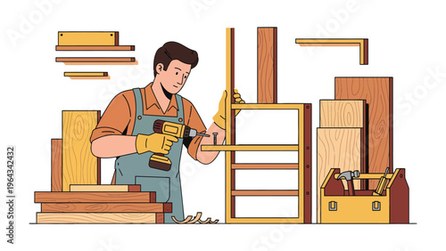 Craftsman at Work: A skilled craftsman meticulously assembles a wooden structure using a power drill, showcasing expertise in carpentry amidst a workshop environment.