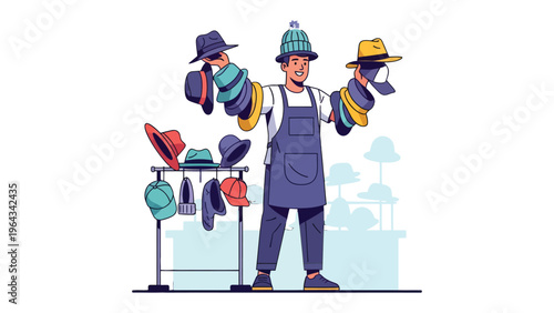 Hatter's Hat Display: A stylish hatter proudly showcases an array of hats, presenting a diverse selection to inspire and elevate individual style.