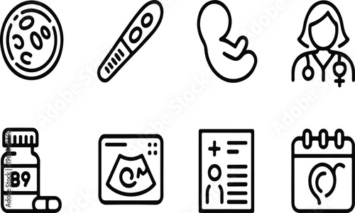 Pregnancy and prenatal care icons set featuring medical outline symbols for fetal development and healthcare.