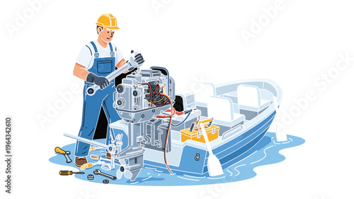 Boat Engine Repair: A skilled technician, equipped with tools, diligently works on the engine of a small boat, showcasing precision and expertise.