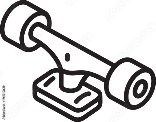 Skateboard truck, inline skate wheel, black line art, vector skateboard part, truck and wheel assembly