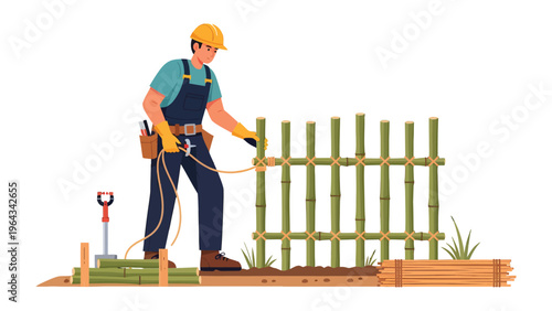 Craftsman Constructing Bamboo Fence: A skilled craftsman meticulously builds a bamboo fence, showcasing the artistry of construction and dedication to craftsmanship.