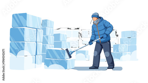 Ice Harvesting Laborer: Witness a dedicated laborer meticulously clearing the newly cut ice blocks. A glimpse into the manual labor of a winter harvest.