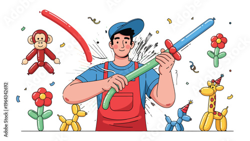 Balloon Artist and Creation: A skilled balloon artist skillfully crafts imaginative balloon animals and designs, bringing joy and creativity to life with colorful inflatables.