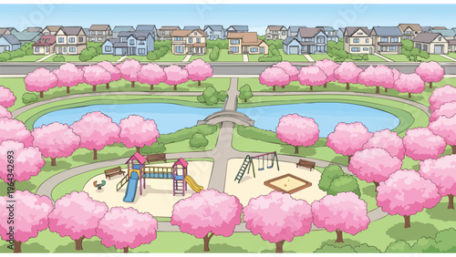 Children's Park Playground & Suburban Neighborhood with Cherry Blossoms