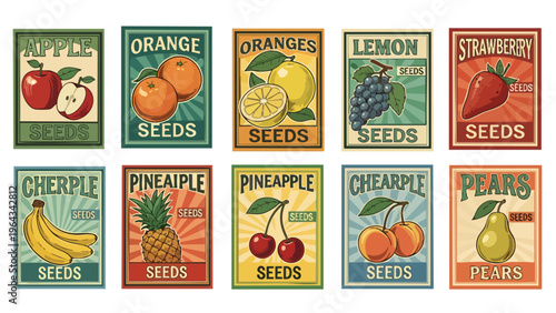 Vintage Fruit Seed Packets - Apple, Orange, Lemon, Strawberry, Banana, Pineapple, Cherries, Pears