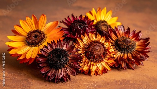 Dried Sunflowers on Rustic Surface - A Study in Autumnal Hues.