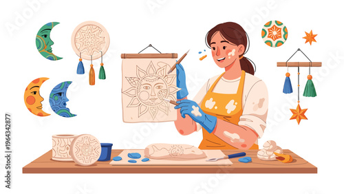 Artisan's Artistic Expression: A skilled artisan passionately engaged in crafting unique art pieces, bringing her creative vision to life.