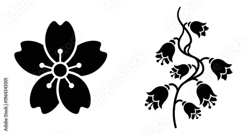 Minimalist floral vector icons, black cherry blossom and lily of the valley silhouettes, elegant botanical flower set for logo design and wedding invitations