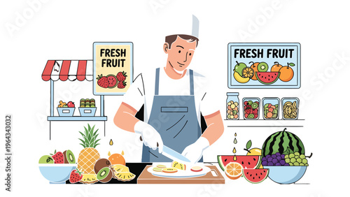 Fruit Vendor at Work: A friendly fruit vendor, skillfully slicing fresh produce, offers a vibrant array of colors and flavors in a bustling market setting.