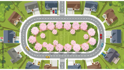 Aerial View Suburban Neighborhood Street Road Houses Cars Cherry Blossom Trees