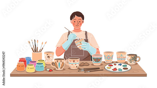 Creative Artisan: A skilled artisan, engrossed in his craft, meticulously paints intricate designs onto ceramic mugs, surrounded by tools and vibrant colors.