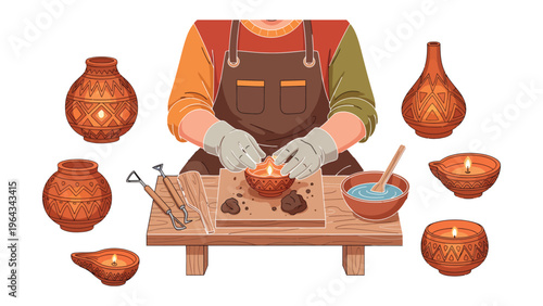 Artisan at Work: An artisan meticulously crafting unique candle holders, surrounded by tools and materials, embodies skill, creativity, and the charm of handmade crafts.