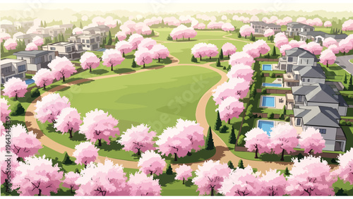 Suburban Neighborhood Spring Blossom Real Estate Property Development