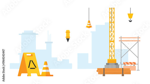 Construction Zone:  A dynamic illustration depicting the bustle and machinery of a construction site. Featuring safety signs, towering cranes, and bustling activity.