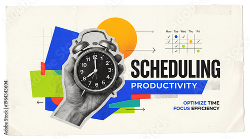 Hand holding alarm clock collage time management concept. A visual representation of time management and productivity.