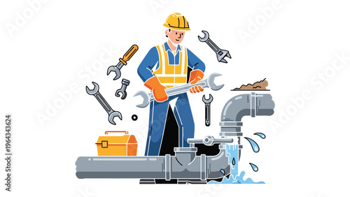 Plumber at Work: A skilled plumber tackles a plumbing issue, surrounded by an assortment of tools as he works diligently to fix a pipe and stop a water leak.