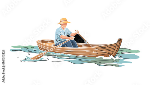 Rowing on the Water: An older person skillfully navigates a wooden rowboat on tranquil water, demonstrating the timeless serenity of the sport and the beauty of outdoor recreation.