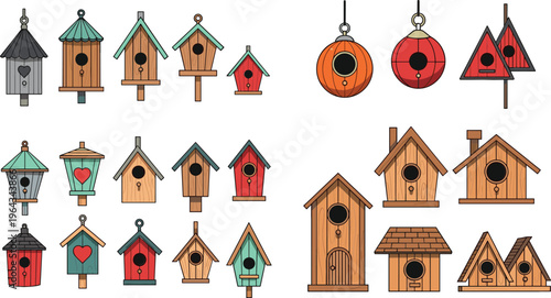 Birdhouse Vector Collection Featuring Wooden Nesting Boxes and Decorative Bird Homes in Various Shapes and Colors for Garden, Nature, and Outdoor Design