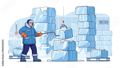 Ice Stacking Artisan: A dedicated artisan skillfully arranges and organizes ice blocks, maintaining meticulous order and utilizing specialized tools in a frigid environment. 