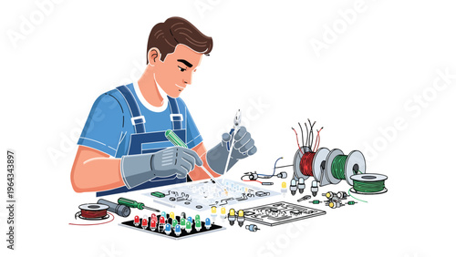Precision Electronics: A skilled technician diligently works on electronic components, carefully assembling intricate circuits with focused attention. 