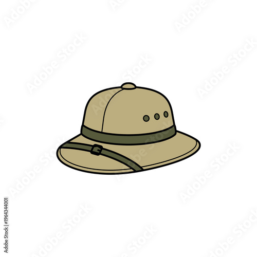 Khaki safari hat with chin strap.