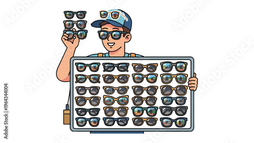 Stylish Shades Selection: An illustrated individual presents an array of sunglasses, showcasing various styles and designs. Highlighting fashion, trends, and choice.