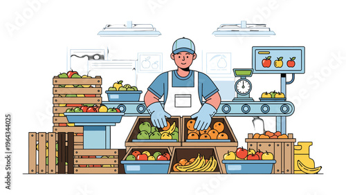 Farmer's Market Display: A vendor, at a lively farmer's market, arranging a colorful assortment of fresh produce with crates, conveyor belts and scales. A vibrant showcase of agricultural bounty. 