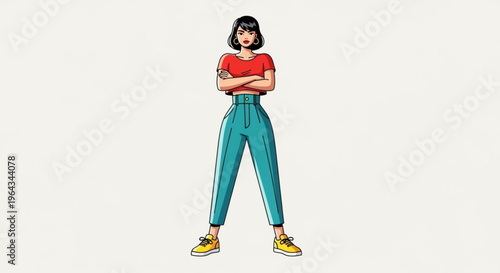 Confident woman standing with arms crossed in casual outfit and bold stance expressing determination and attitude in a vibrant colorful illustration