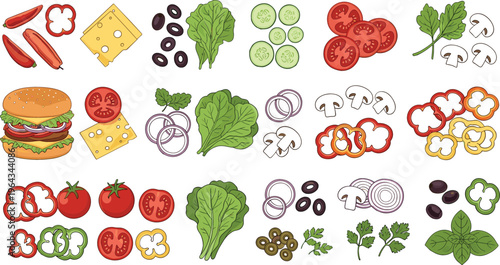 Burger Ingredients Vector Collection Featuring Fresh Vegetables, Cheese, Meat, and Toppings for Fast Food, Cooking, and Restaurant Menu Design