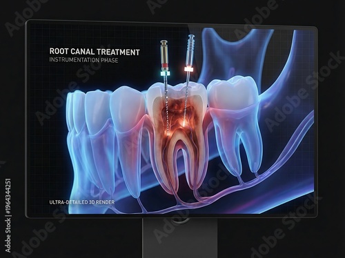 Detailed 3D illustration of the instrumentation phase of a root canal treatment, presented on a digital display for modern endodontic explanation