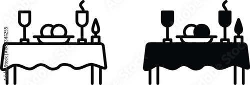 Dinner table icon in black modern and lines and solid Date night dinner illustrated by a cozy table with two chairs, a candle centerpiece, and a small heart icon above. Warm romantic visual capturing 