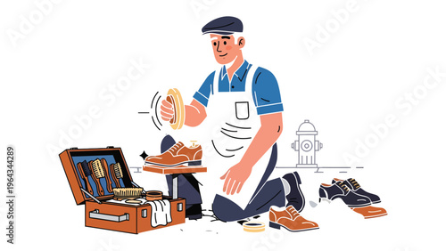 Shoe Shine Artisan: A skilled artisan, kneels diligently, meticulously applying a fresh coat of polish with a brush to enhance and restore the quality of footwear.