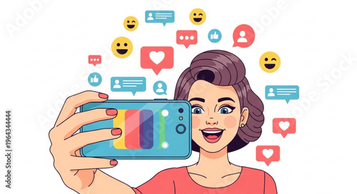 Woman taking selfie with colorful social media icons and emojis floating around her head on phone screen