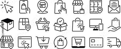 Online Shopping Icons. Outline style icons of Online Shopping Actions: add to cart, Wishlist heart, one-click order, checkout click and collect online shopping editable stroke Online Shopping Icons. 