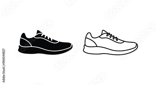 Minimalist running shoe icons set, black and white sneaker vector illustrations, athletic footwear silhouette and outline symbols for fitness apps