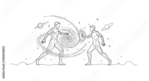 Cosmic Battle: Two figures in stylized combat amidst swirling galaxies and planets