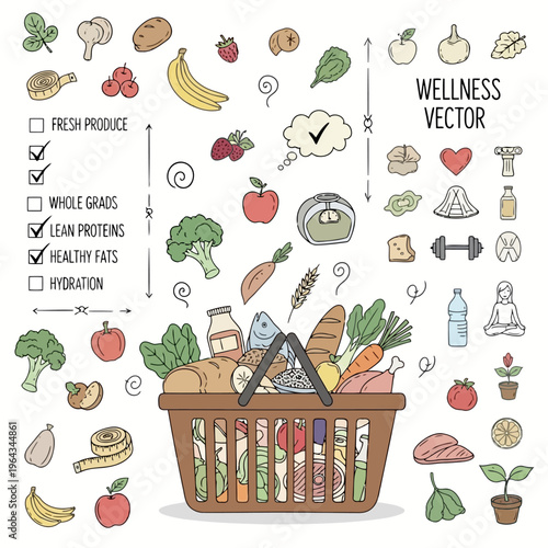 Healthy food basket with fresh produce, whole grains, lean proteins, healthy fats, and hydration choices for wellness vector concept illustration.