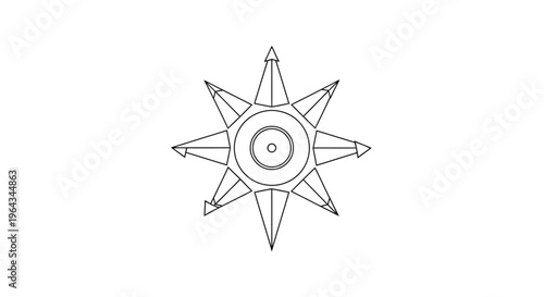 Stylized Compass Rose Outline, Navigation Tool, Directional Star Symbol